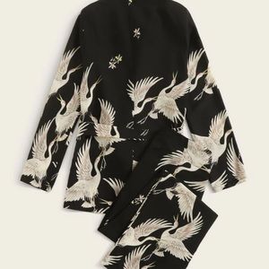 Shawl Collar Crane Print Belted Blazer & Palazzo Pants Set